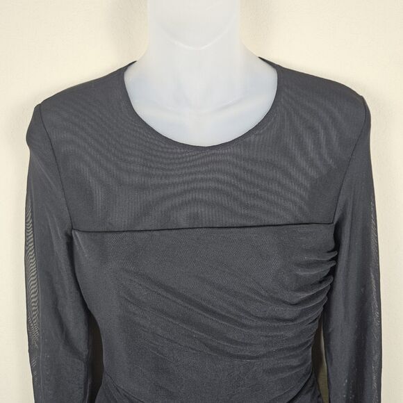Dress The Population Brinley Black Mesh S Long Sleeve Ruched Mini Sheer Party - Picture 6 of 16